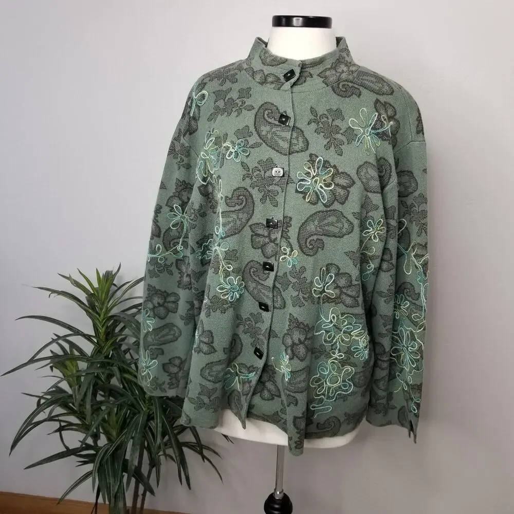 Sigrid Olsen Jacket Womens 2X Green Paisley Knit Embroidered Art To Wear
